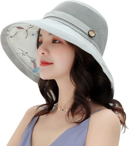 قبعات صيفية شبكية للشمس للنساء قبعة شاطئ خفيفة الوزن مزودة بزهور UPF50+ قبعة بحافة واسعة قابلة للتعبئة مع حزام للذقن in Kuwait
