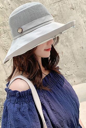 قبعات صيفية شبكية للشمس للنساء قبعة شاطئ خفيفة الوزن مزودة بزهور UPF50+ قبعة بحافة واسعة قابلة للتعبئة مع حزام للذقن in Kuwait