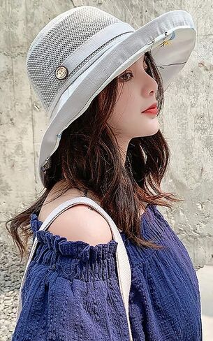 قبعات صيفية شبكية للشمس للنساء قبعة شاطئ خفيفة الوزن مزودة بزهور UPF50+ قبعة بحافة واسعة قابلة للتعبئة مع حزام للذقن in Kuwait