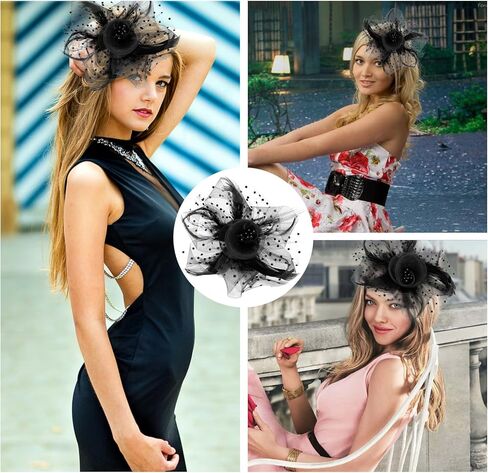 Takmor Fascinators for Women Kentucky Derby Hats Clip Tea Party Headwear with Lace Gloves Necklace for Church Wedding Black in Kuwait