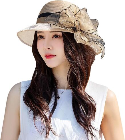 Womens Organza Fascinator Hat Wide Brim Flower Band Organza Sun Hat Church Cloche Hat Tea Party Fascinator Bucket Bowler Hat in Kuwait