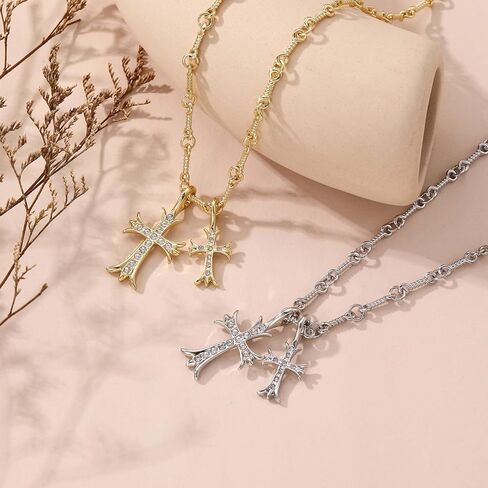 Korotho مزدوجة الصليب قلادة للنساء الرجال، 14K مطلية بالذهب القوطية مزدوجة الصليب لي القلائد خمر طويل كبير مكتنزة الصليب قلادة المسيحية الصليب مجوهرات الهدايا Y2K قلادة للفتيات في سن المراهقة الفتيان in Kuwait