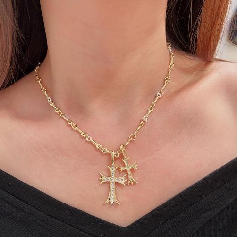 Korotho مزدوجة الصليب قلادة للنساء الرجال، 14K مطلية بالذهب القوطية مزدوجة الصليب لي القلائد خمر طويل كبير مكتنزة الصليب قلادة المسيحية الصليب مجوهرات الهدايا Y2K قلادة للفتيات في سن المراهقة الفتيان in Kuwait