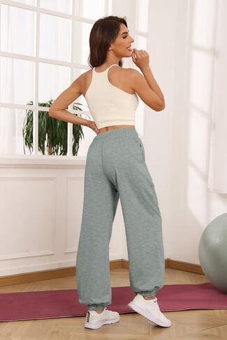 سراويل رياضية فضفاضة للنساء سراويل ركض ذات قاع ضيق عالية الخصر مرنة رياضية تناسب صالة السراويل مع جيوب in Kuwait