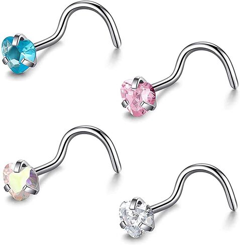 ZS 4Pcs 20G Grade 23 Titanium Nose Rings for Women, 2mm 3mm CZ Nose Studs, Nose Bone/Screws/L Shaped Nose Piercing Jewelry in Saudi Arabia