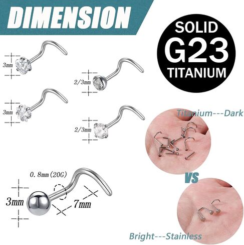 ZS 4Pcs 20G Grade 23 Titanium Nose Rings for Women, 2mm 3mm CZ Nose Studs, Nose Bone/Screws/L Shaped Nose Piercing Jewelry in Saudi Arabia