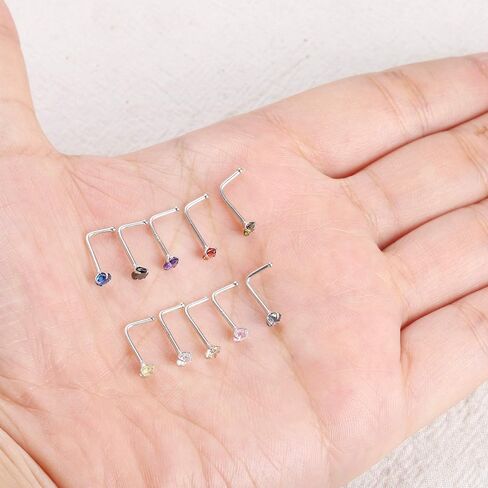 ZZHDCC L على شكل حلقات الأنف ترصيع 925 الفضة الاسترليني متعدد الألوان تشيكوسلوفاكيا خواتم الأنف للنساء الرجال 20 جرام ثقب الأنف 1.5 مم مكعب زركونيا الأنف ترصيع الأنف مجوهرات الجسم 10 قطعة حلقات الأنف المفتاح in Kuwait