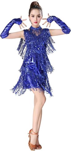 ZX المرأة الخامس الرقبة 1920s الترتر هامش فستان رقص الزعنفة اللاتينية السالسا قاعة الرقص زي غاتسبي فستان كوكتيل مع الملحقات in Kuwait