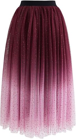 CHICWISH Women's Purple/Burgundy/Pink Festive Sparkle Ombre Tulle Midi Skirt in Saudi Arabia