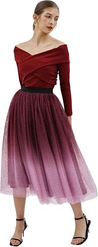 CHICWISH Women's Purple/Burgundy/Pink Festive Sparkle Ombre Tulle Midi Skirt in Saudi Arabia