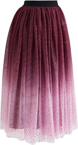 CHICWISH Women's Purple/Burgundy/Pink Festive Sparkle Ombre Tulle Midi Skirt in Saudi Arabia