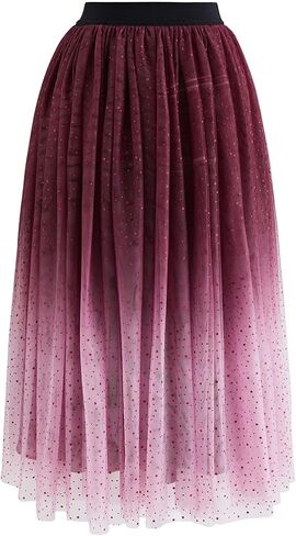 CHICWISH Women's Purple/Burgundy/Pink Festive Sparkle Ombre Tulle Midi Skirt in Saudi Arabia