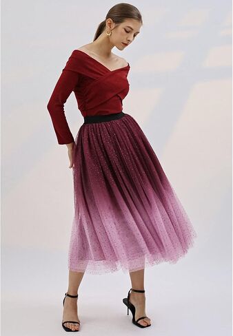 CHICWISH Women's Purple/Burgundy/Pink Festive Sparkle Ombre Tulle Midi Skirt in Saudi Arabia