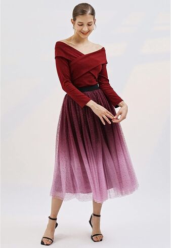 CHICWISH Women's Purple/Burgundy/Pink Festive Sparkle Ombre Tulle Midi Skirt in Saudi Arabia