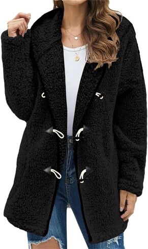 TAMEYA إمرأة القرن زر معاطف الشتاء مقنعين دافئ غامض شيربا جاكيت من الصوف السيدات معطف طويل الأكمام ملابس خارجية مع جيوب in Kuwait