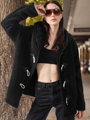 TAMEYA إمرأة القرن زر معاطف الشتاء مقنعين دافئ غامض شيربا جاكيت من الصوف السيدات معطف طويل الأكمام ملابس خارجية مع جيوب in Kuwait