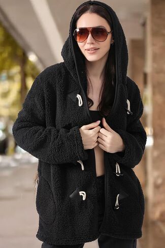 TAMEYA إمرأة القرن زر معاطف الشتاء مقنعين دافئ غامض شيربا جاكيت من الصوف السيدات معطف طويل الأكمام ملابس خارجية مع جيوب in Kuwait