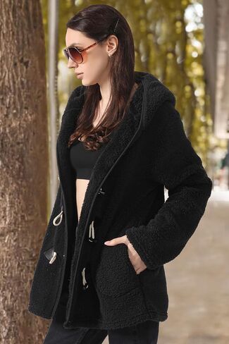 TAMEYA إمرأة القرن زر معاطف الشتاء مقنعين دافئ غامض شيربا جاكيت من الصوف السيدات معطف طويل الأكمام ملابس خارجية مع جيوب in Kuwait