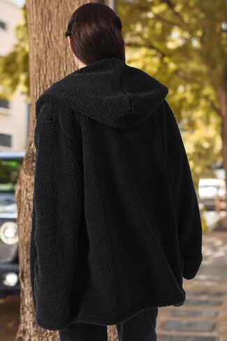 TAMEYA إمرأة القرن زر معاطف الشتاء مقنعين دافئ غامض شيربا جاكيت من الصوف السيدات معطف طويل الأكمام ملابس خارجية مع جيوب in Kuwait