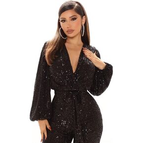 بذلة نسائية بأكمام طويلة ورقبة على شكل حرف V عميقة وأرجل طويلة وبنطلون لامع مزين بالترتر للحفلات