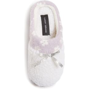 Lucky Brand Little Girls Floral Collar Bow Sherpa Clog Slippers, Kids Fuzzy Cozy Warm Slip On Bedroom Slipper House Shoes