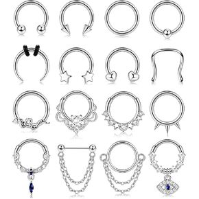 Fansilver 16PCS 16G Septum Rings for Women Men Silver Black Gold Septum Jewelry Horseshoe Clicker Dangle Nose Rings Hoops Surgical Steel Helix Cartilage Hoop Earrings Tragus Daith Septum Nose Piercing Jewelry 8MM