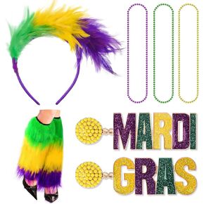 JieyueJewelry 6 قطع ماردي غرا زي الملحقات مجموعة ماردي غرا تتدلى الأقراط فو الفراء الساق تدفئة ريشة فاسيناتور عقال ماردي غرا الخرز القلائد للنساء والفتيات in Kuwait