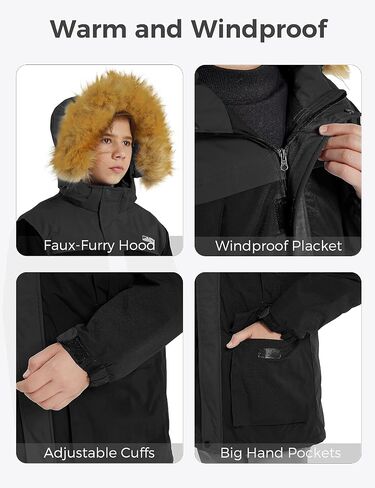 wantdo Boys' Waterproof Ski Jacket Warm Winter Jacket Coat with Removable Faux Fur Hood in Saudi Arabia