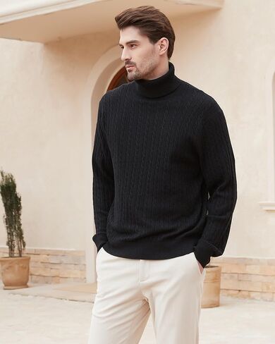 Kallspin Men's Turtle Neck Pullover Wool Blend Lightweight Cable-Knit Pullover Sweater in Kuwait