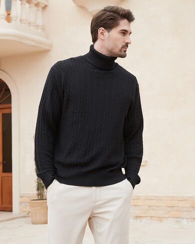 Kallspin Men's Turtle Neck Pullover Wool Blend Lightweight Cable-Knit Pullover Sweater in Kuwait