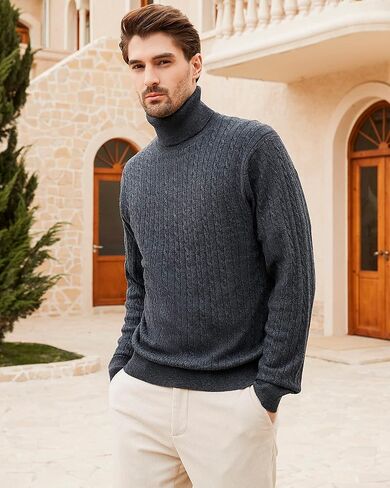 Kallspin Men's Turtle Neck Pullover Wool Blend Lightweight Cable-Knit Pullover Sweater in Kuwait