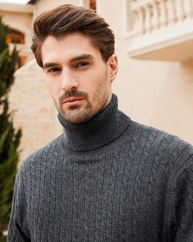 Kallspin Men's Turtle Neck Pullover Wool Blend Lightweight Cable-Knit Pullover Sweater in Kuwait