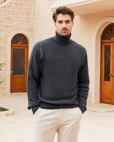 Kallspin Men's Turtle Neck Pullover Wool Blend Lightweight Cable-Knit Pullover Sweater in Kuwait