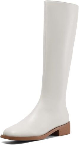 أحذية TinaCus النسائية المصنوعة يدويًا من الجلد الطبيعي بمقدمة مربعة وسحاب جانبي وكعب عالي حتى الركبة in Kuwait