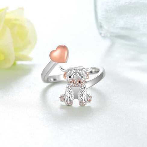 SCZKLAQ Highland Cow Ring 925 Sterling Silver Adjustable Cute Cow Open Rings Scottish Western Highland Cow Jewelry for Women Cow Gifts for Girls in Saudi Arabia