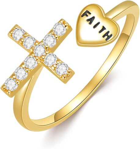 KECHO 14k Real Gold Cross Rings Faith Engraved Christian Heart Adjustable Finger Ring for Women Girls in Saudi Arabia