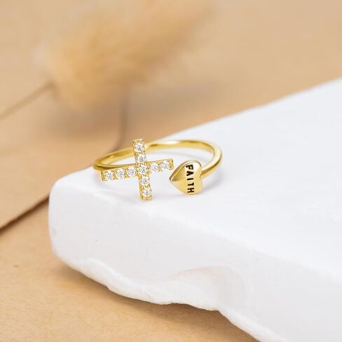 KECHO 14k Real Gold Cross Rings Faith Engraved Christian Heart Adjustable Finger Ring for Women Girls in Saudi Arabia