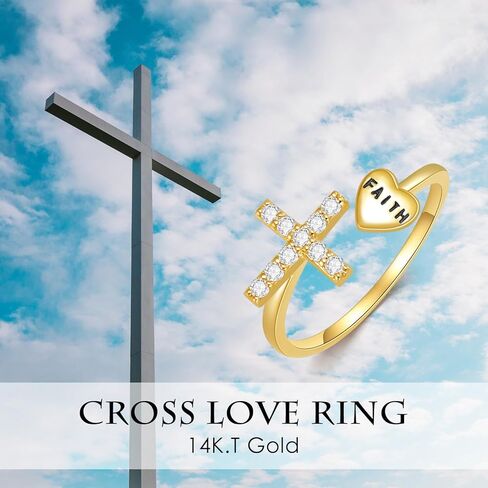 KECHO 14k Real Gold Cross Rings Faith Engraved Christian Heart Adjustable Finger Ring for Women Girls in Saudi Arabia