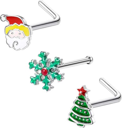 VERAMI 3pcs 20G Christmas Nose Stud Nose Rings Pack Cute Surgical Steel Nose Rings Xmas Christmas tree Santa Snow Nose Stud Piercing Jewelry for Women Men in Kuwait