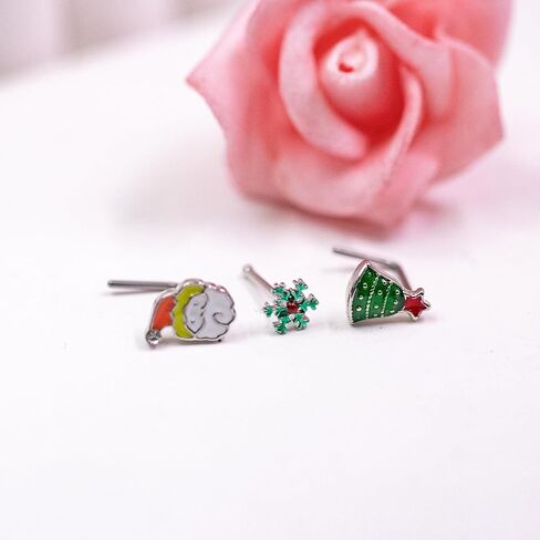 VERAMI 3pcs 20G Christmas Nose Stud Nose Rings Pack Cute Surgical Steel Nose Rings Xmas Christmas tree Santa Snow Nose Stud Piercing Jewelry for Women Men in Kuwait