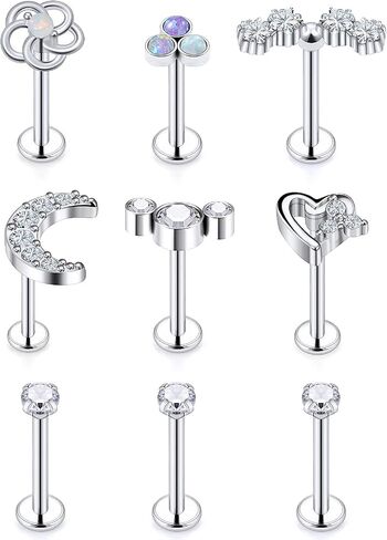 Cisyozi 16G Flower Moon Lip Rings Studs Surgical Steel Clear Diamond CZ Labret Lip Rings Studs Tragus Horseshoe Cartilage Tragus Helix Hoop Earring Body Jewelry Piercing Retainer for Women Men 8mm in Saudi Arabia