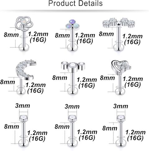 Cisyozi 16G Flower Moon Lip Rings Studs Surgical Steel Clear Diamond CZ Labret Lip Rings Studs Tragus Horseshoe Cartilage Tragus Helix Hoop Earring Body Jewelry Piercing Retainer for Women Men 8mm in Saudi Arabia