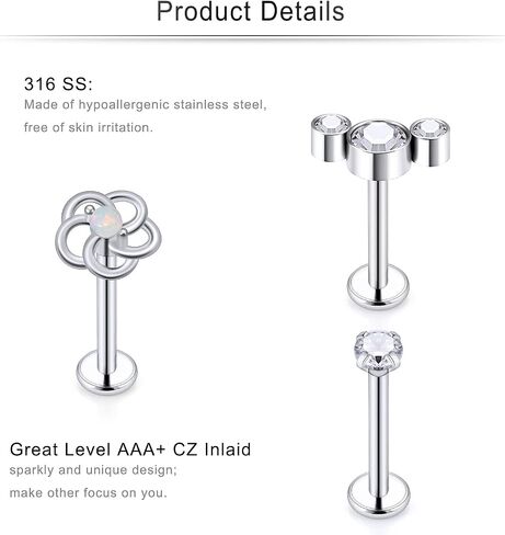 Cisyozi 16G Flower Moon Lip Rings Studs Surgical Steel Clear Diamond CZ Labret Lip Rings Studs Tragus Horseshoe Cartilage Tragus Helix Hoop Earring Body Jewelry Piercing Retainer for Women Men 8mm in Saudi Arabia