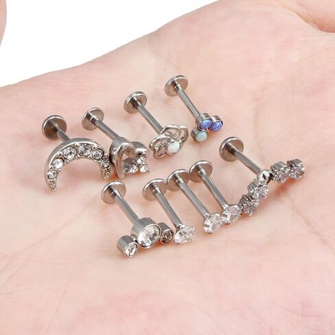 Cisyozi 16G Flower Moon Lip Rings Studs Surgical Steel Clear Diamond CZ Labret Lip Rings Studs Tragus Horseshoe Cartilage Tragus Helix Hoop Earring Body Jewelry Piercing Retainer for Women Men 8mm in Saudi Arabia