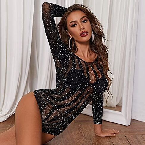 Fairydreamy Women Sexy Crystal Rhinestone Jumpsuits Hollow-Out Chemise Mini-Dress Bodysuit in Saudi Arabia