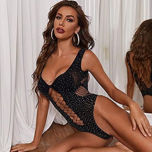 Fairydreamy Women Sexy Crystal Rhinestone Jumpsuits Hollow-Out Chemise Mini-Dress Bodysuit in Saudi Arabia