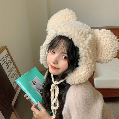 Cute Plush Bear Ear Hat Women Girls Faux Fur Winter Trapper Hat Trooper Soft Warm Animal Hat with Earflaps Windproof Ski Hat in Kuwait