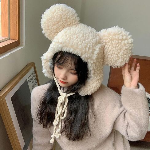 Cute Plush Bear Ear Hat Women Girls Faux Fur Winter Trapper Hat Trooper Soft Warm Animal Hat with Earflaps Windproof Ski Hat in Kuwait