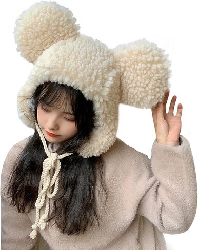 Cute Plush Bear Ear Hat Women Girls Faux Fur Winter Trapper Hat Trooper Soft Warm Animal Hat with Earflaps Windproof Ski Hat in Kuwait