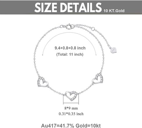 10k White Gold Heart Anklet for Women, Cubic Zirconia Love Ankle Bracelet Jewelry for Wife/Mother/Sister, Birthday Gifts for Her, 9.4"-11" in Saudi Arabia